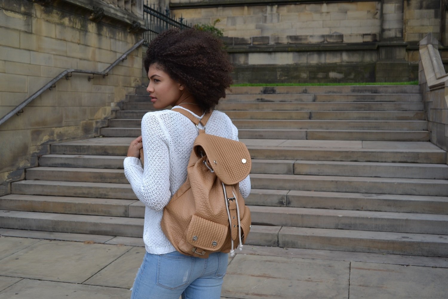 Samio Wearing River Island Brown Textured Leather Look Rucksack 