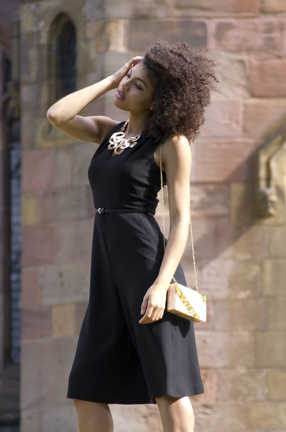 Samio Black M&Co Culotte Jumpsuit and Vintage Styler Clutch bag outfit
