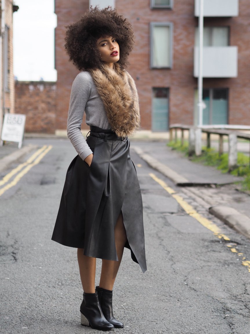 Leather look wrap skirt ankle boots and faux fur outfit