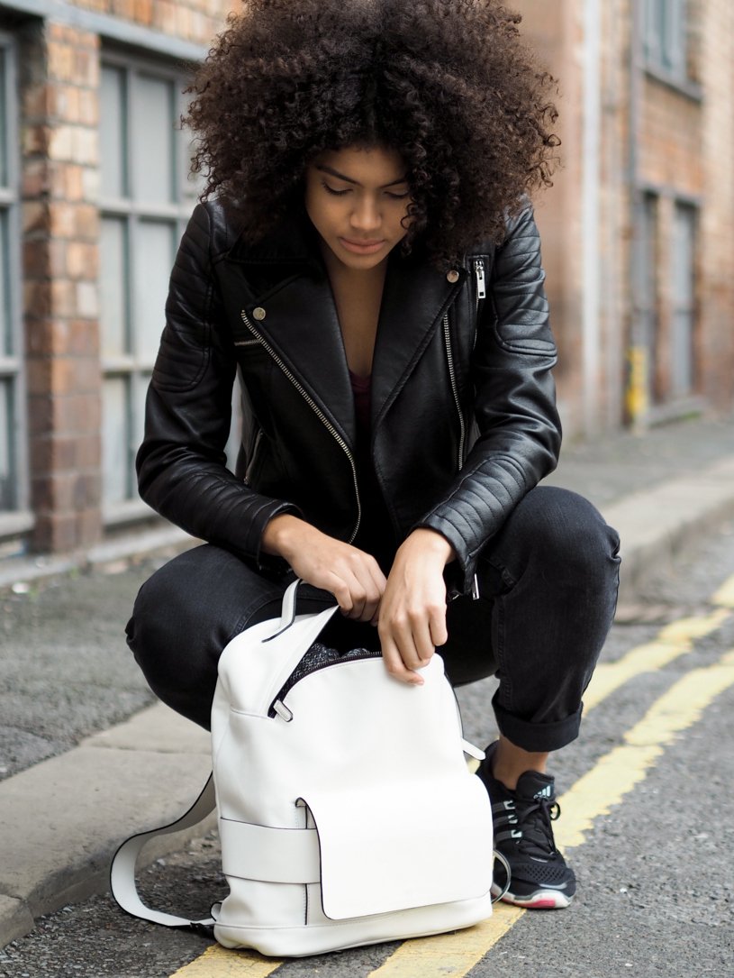 White Faux Leather Zara Backpack and biker jacket - Casual Style