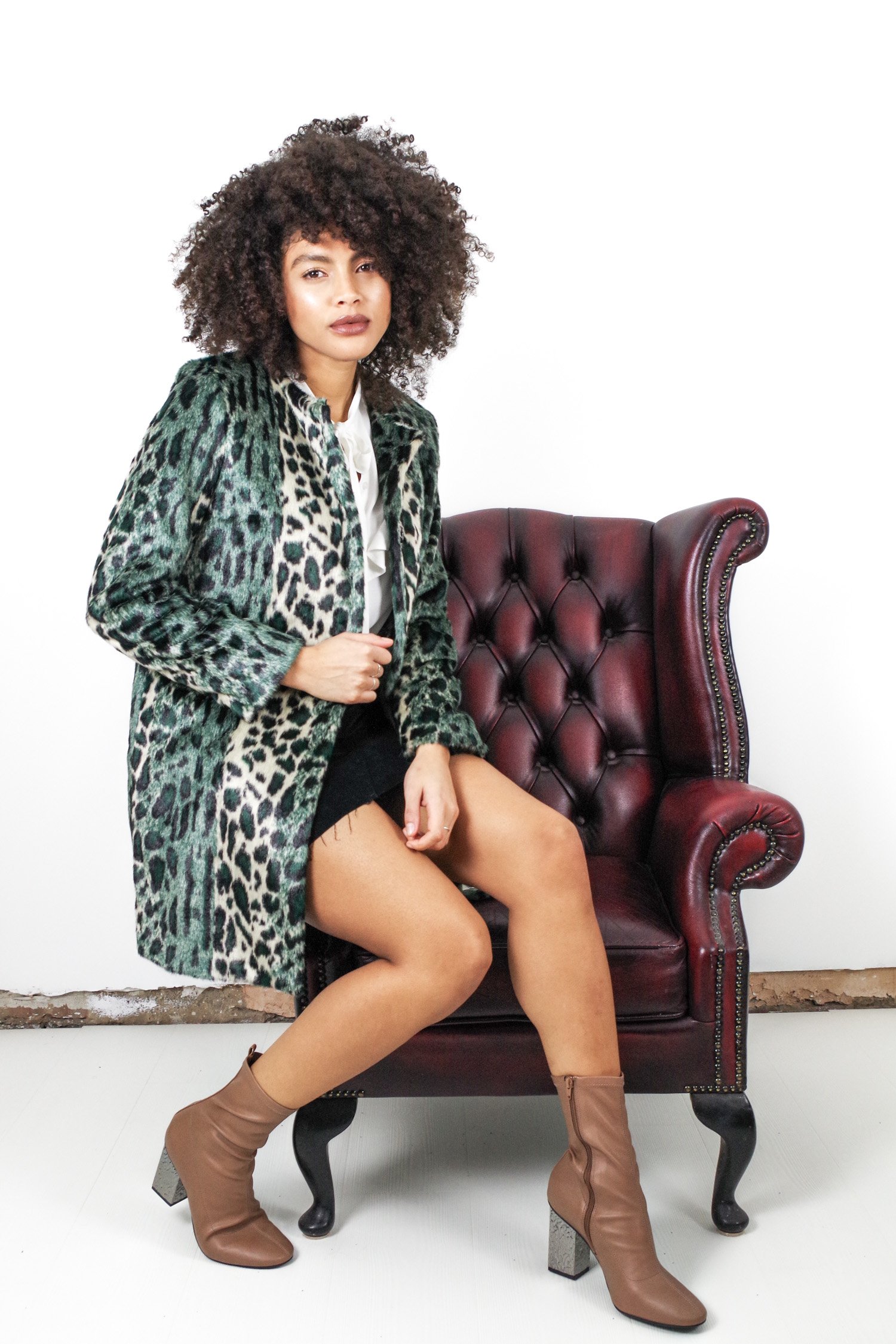 Topshop Emerald Green Faux Fur Leopard Print Coat