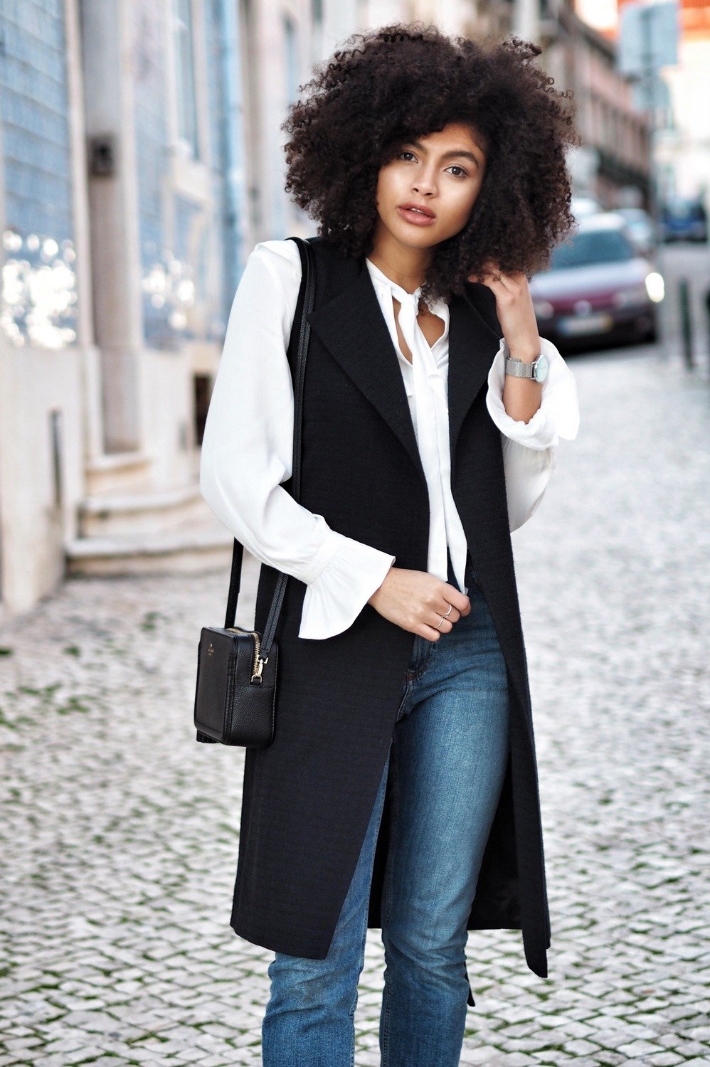 Asos Denim Farleigh Mom Jeans Navy Mint Velvet Coat and Topshop Frill Ivory Shirt Outfit