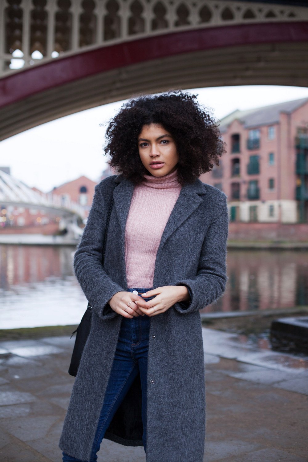 Pink Roll Neck and grey coat outfit