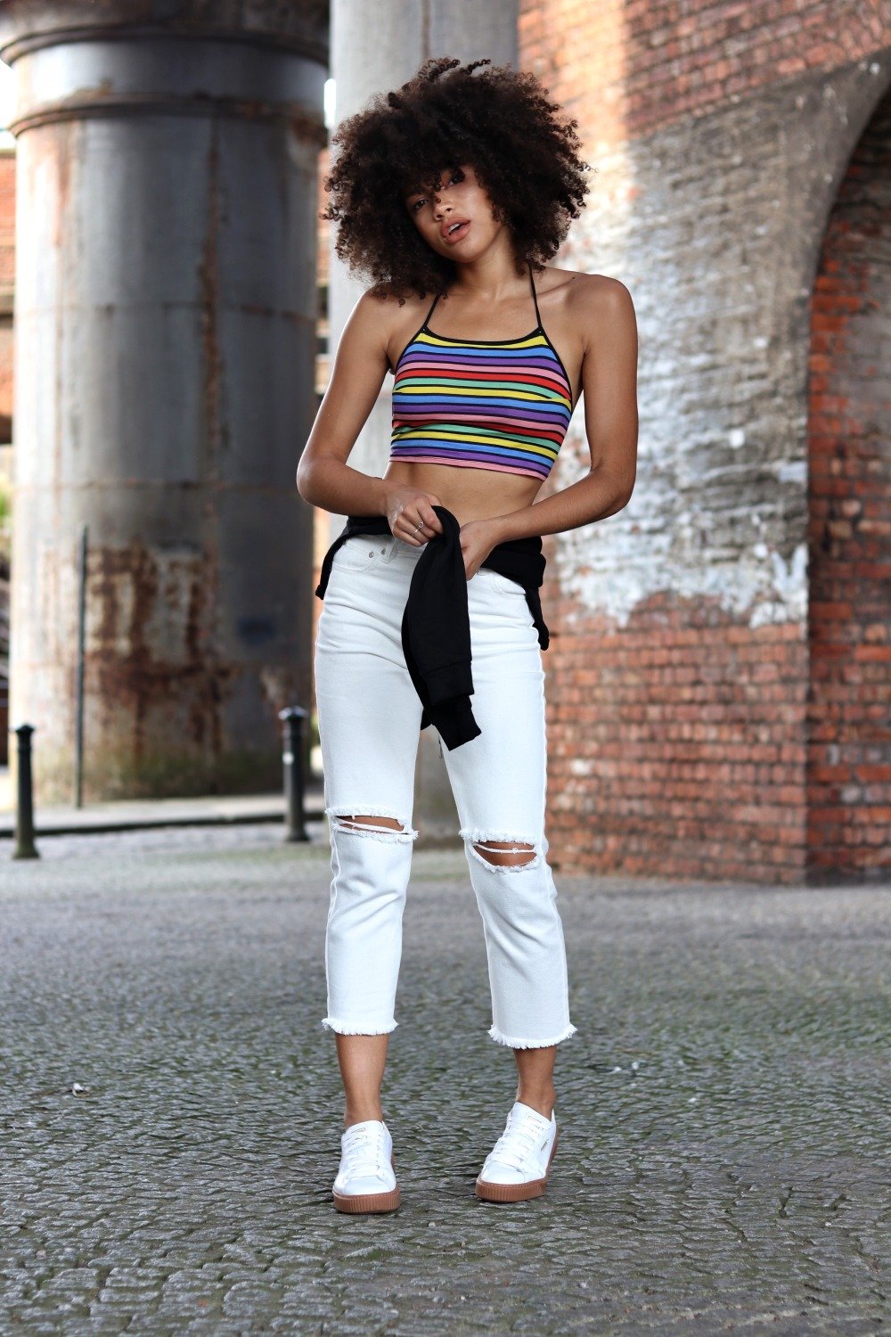 Motel rainbow crop top white mom jeans