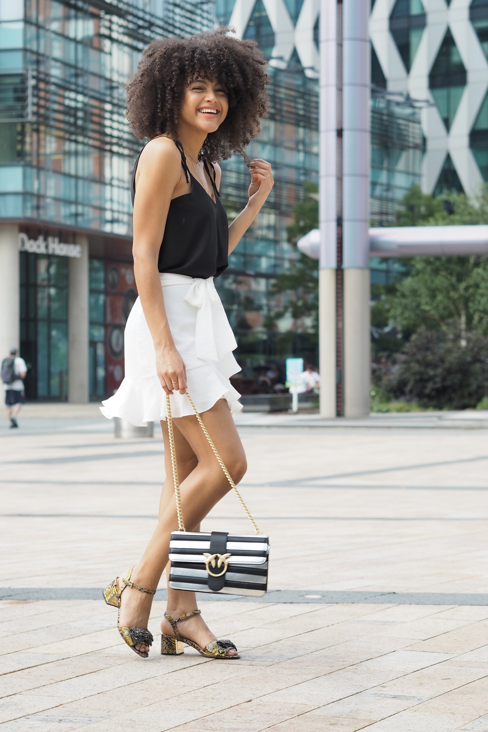 Yellow Block Heel Embellished Sandals Pinko Love Bag and Topshop Ruffle Mini Skirt