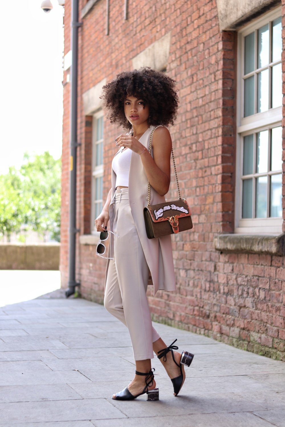 Topshop Belt Paper Waist Peg Trousers Lavish Alice Sleeveless Blazer in Soft Nude and Topshop Neeve Leather Metal Cage Sandals with Pinko Love Bag