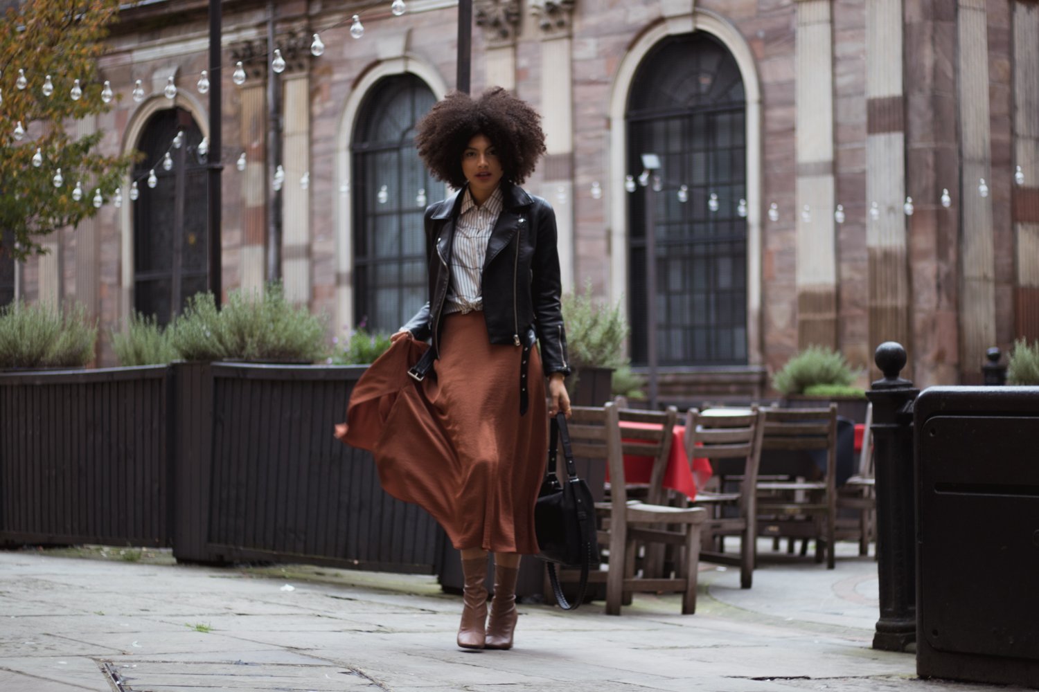 Fall Fashion Burnt Orange Midi Skirt and Biker Jacket Outfit