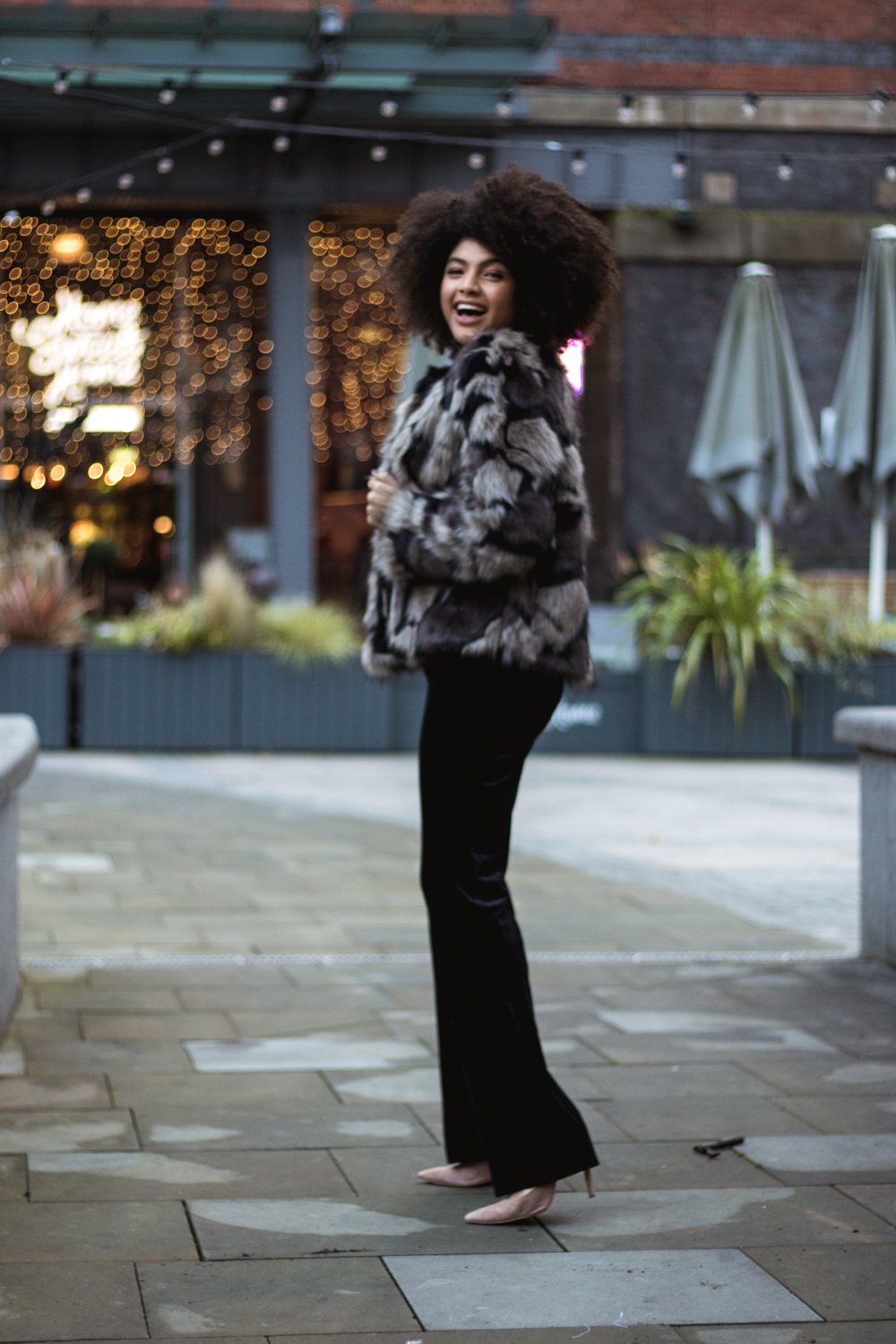 TK Maxx Party Wear Outfit Faux Fur Jacket and Black Velvet Trousers Samio