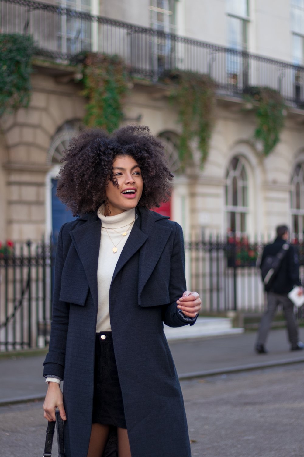 Cream Roll Neck and Navy Coat Winter Outfit