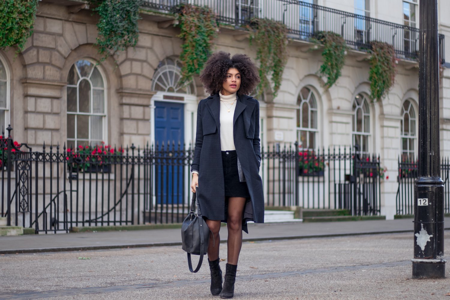 Cream Roll Neck Moto Mini Skirt Boots and Navy Coat Winter Outfit