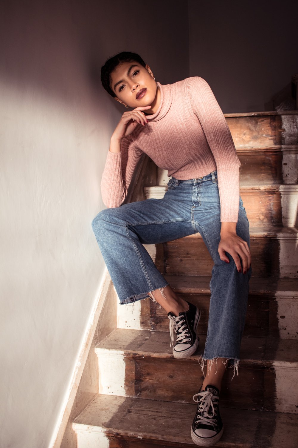 And Other Stories Cropped Flared Denim Jeans and Pink Roll Neck Jumper Converse Outfit