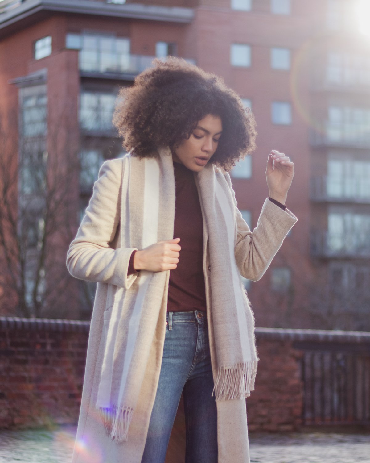 Asos oatmeal slim coat in wool blend mint velvet scarf warehouse burgundy jumper outfit