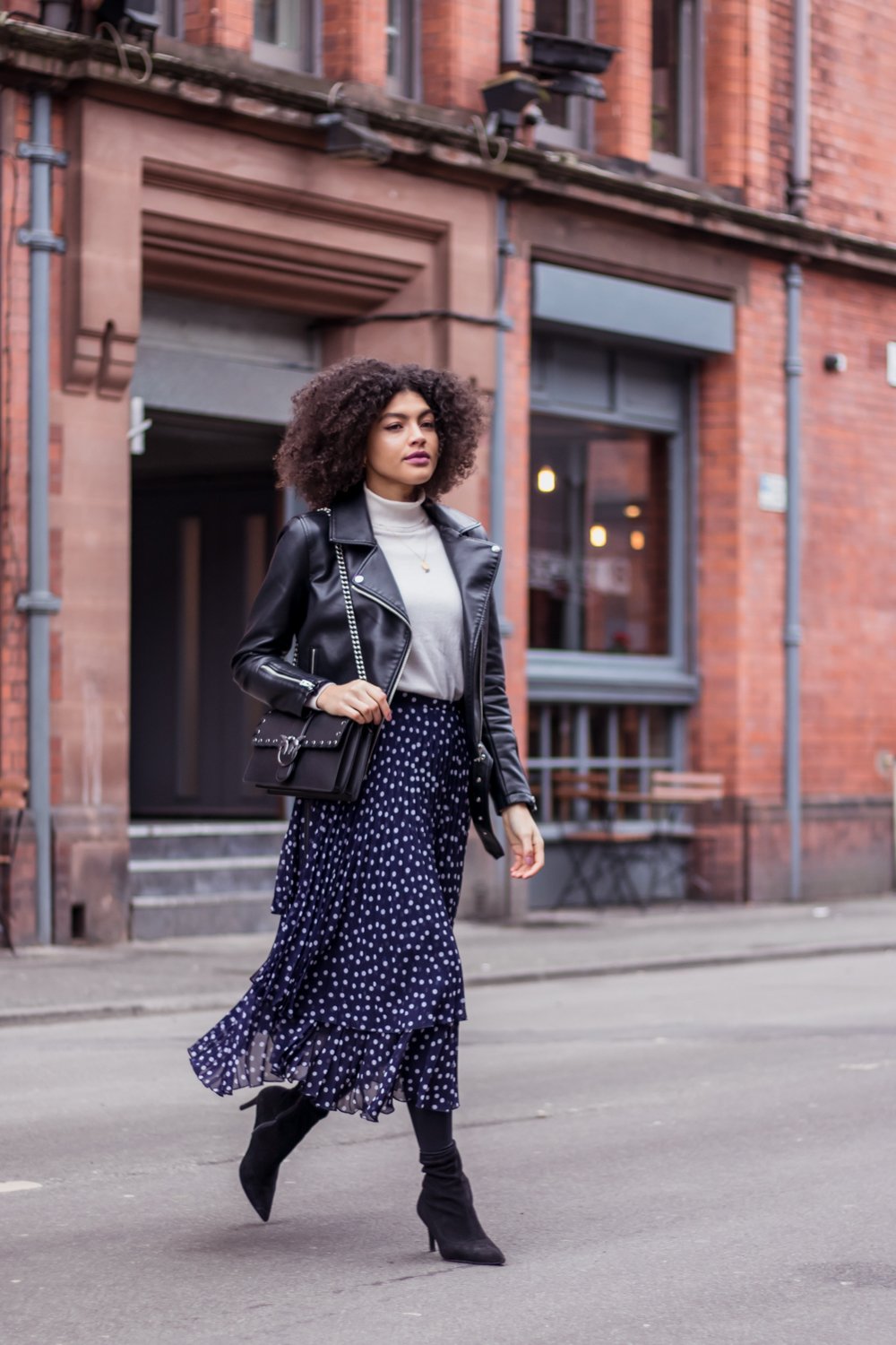 Finery Baltic Navy Polka Dot Midi Skirt Boots and Biker Jacket Outfit