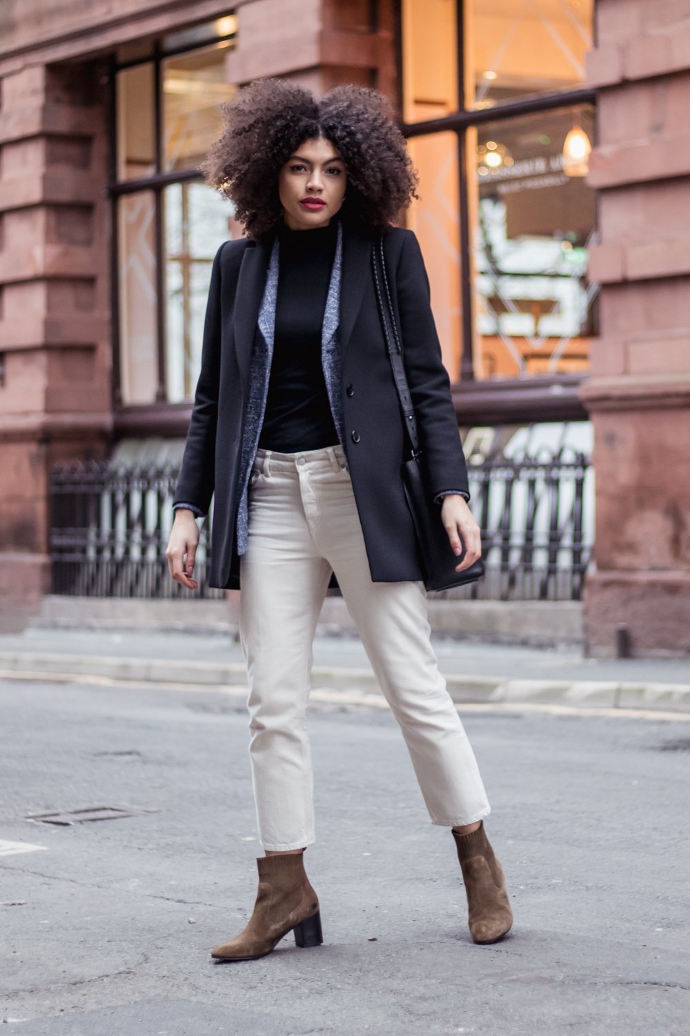 Weekday Ami Jeans in Beige denim Black Longline Jigsaw Blazer