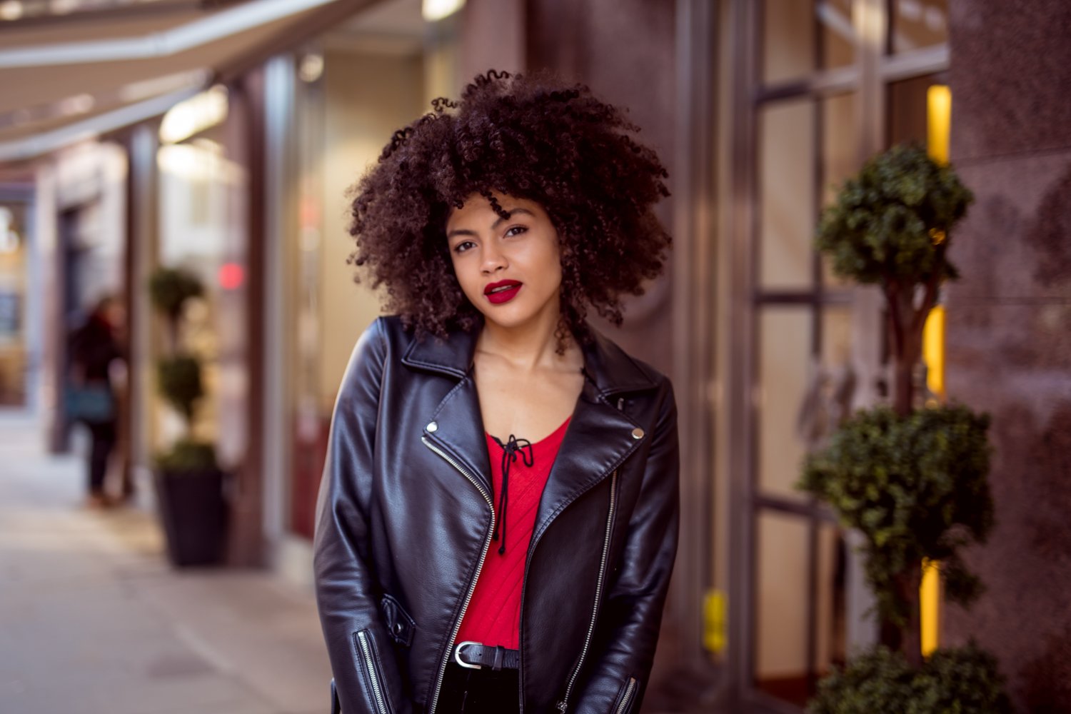 Samio red lipstick topshop borg biker jacket