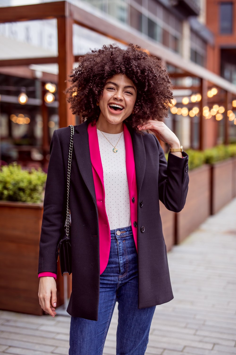 French Connection Sundae Pink Suit Blazer and Jigsaw black jacket Spring layering