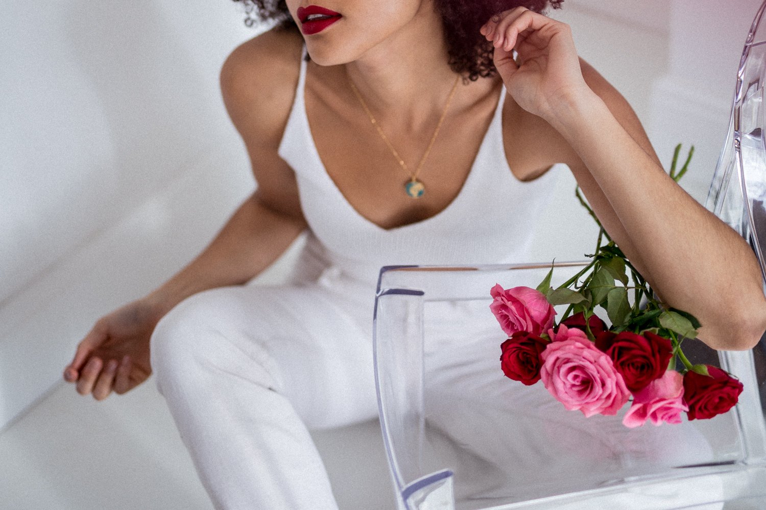 Red and Pink Roses all White Outfit