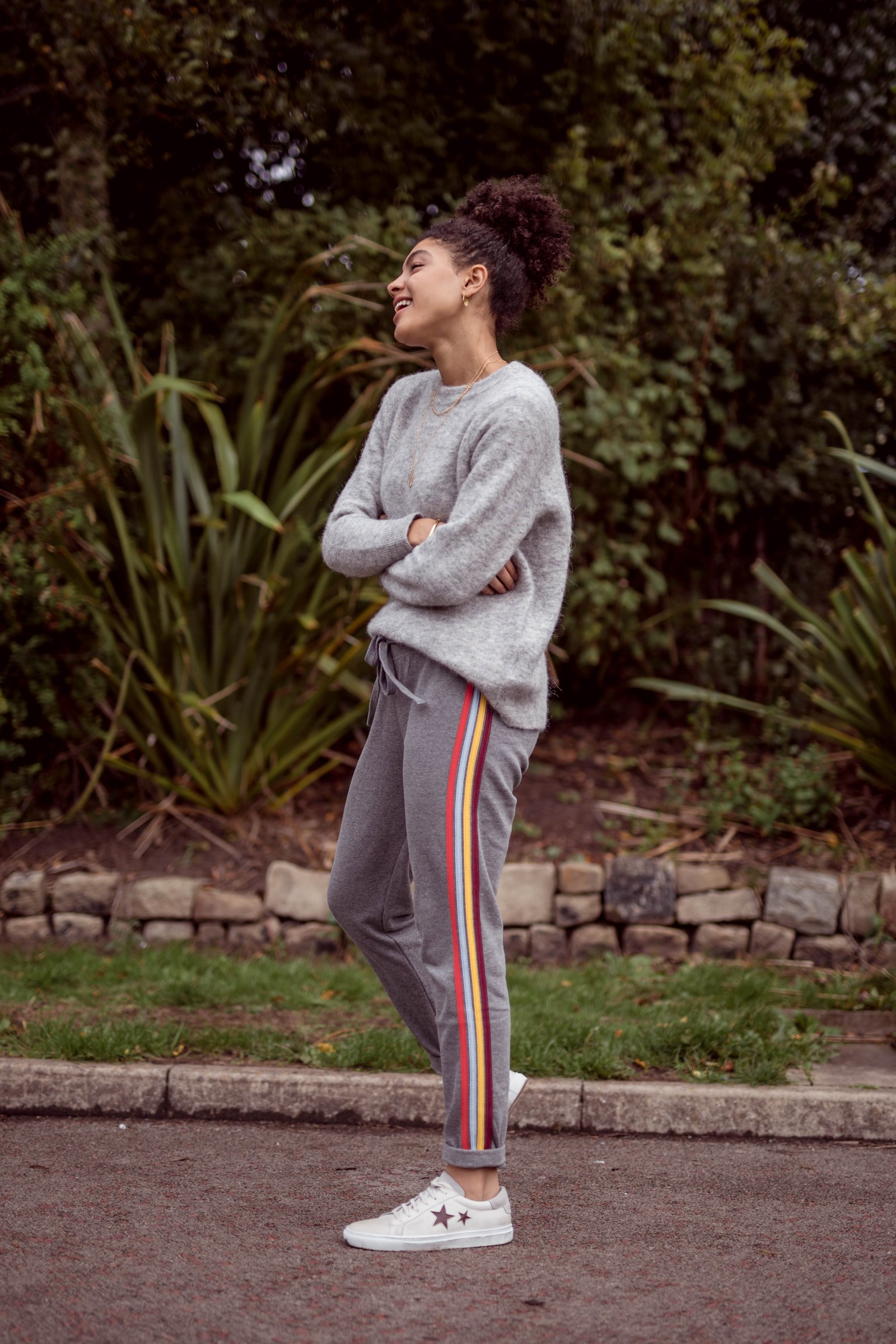 Hush clothing grey rainbow stripe joggers nana jumper outit Samio
