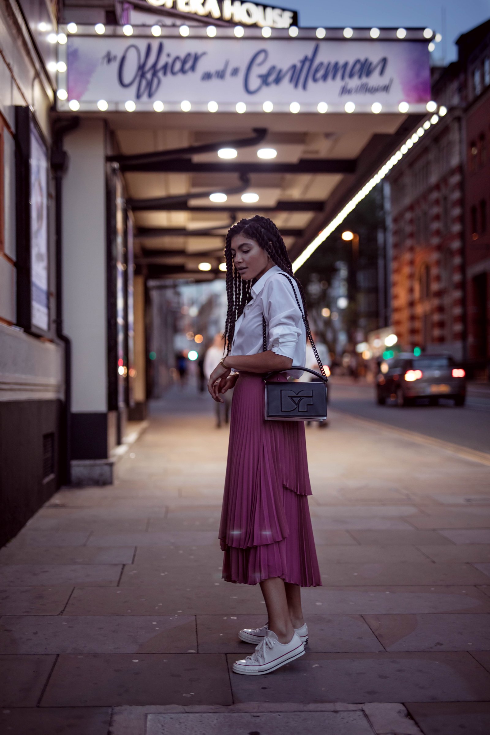 Manchester Fashion Blogger Pink Finery Skirt DVF bag and Converse Outfit