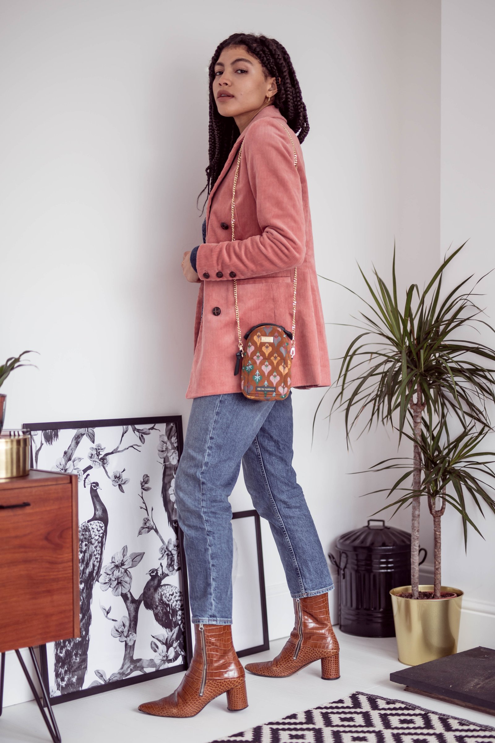 Samio how to style and Other Stories pink Double Breasted Corduroy Blazer with denim and boots