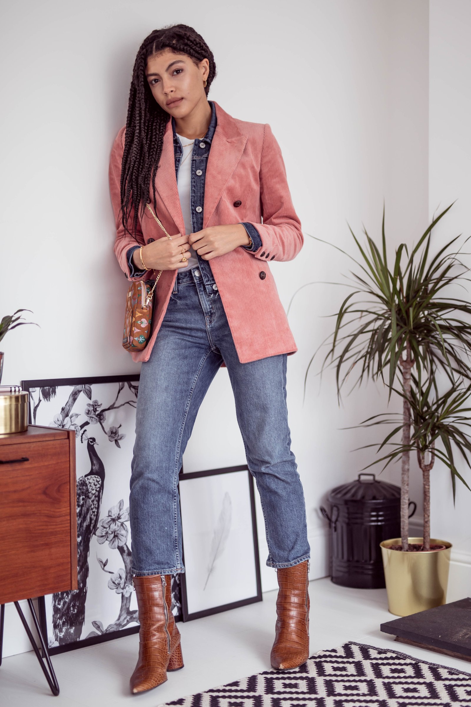 Samio transitional AW18 outfit double denim layering and Other Stories Double Breasted Corduroy Blazer