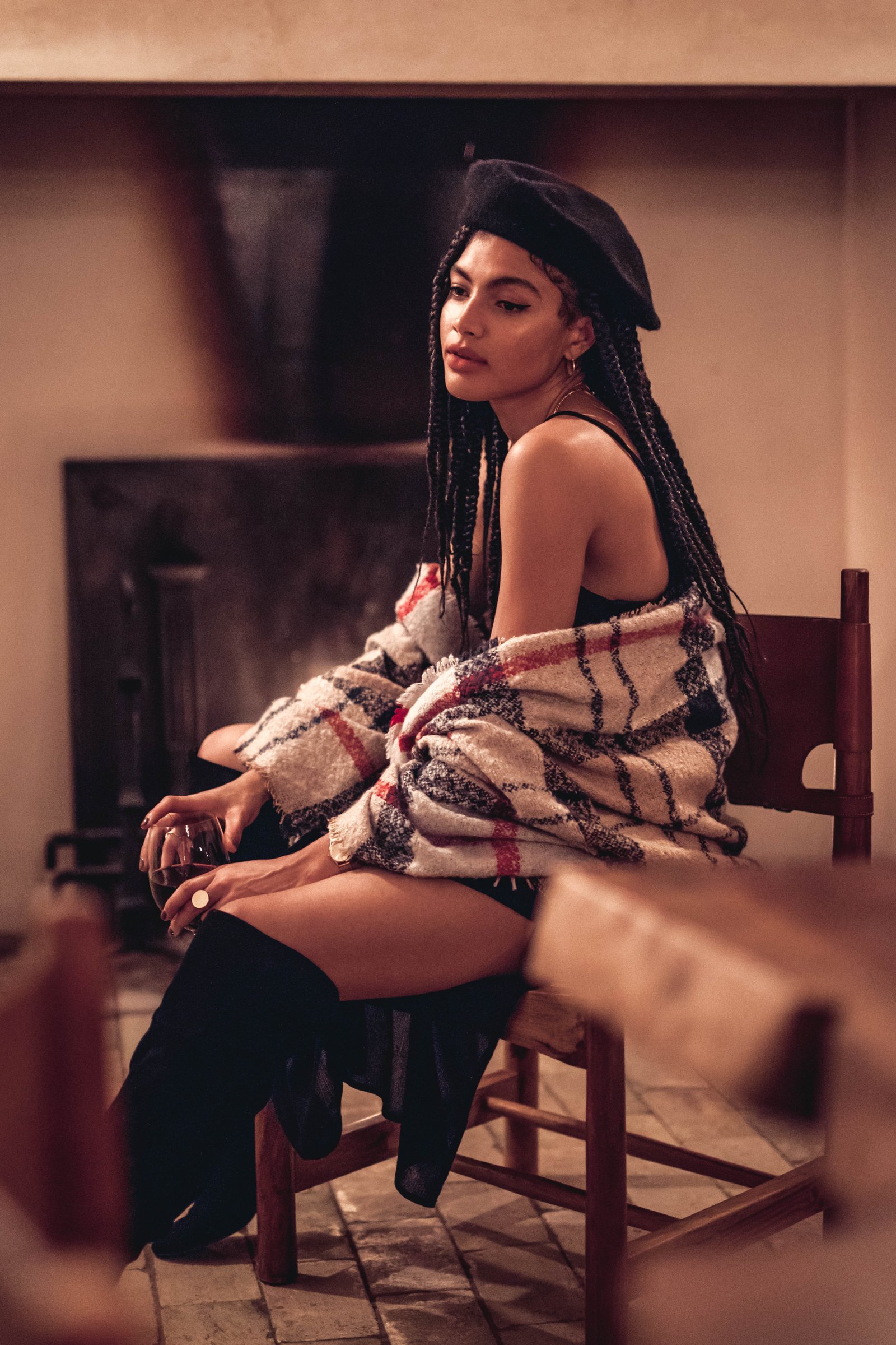 Black Beret Box Braids and check scarf winter style Samio