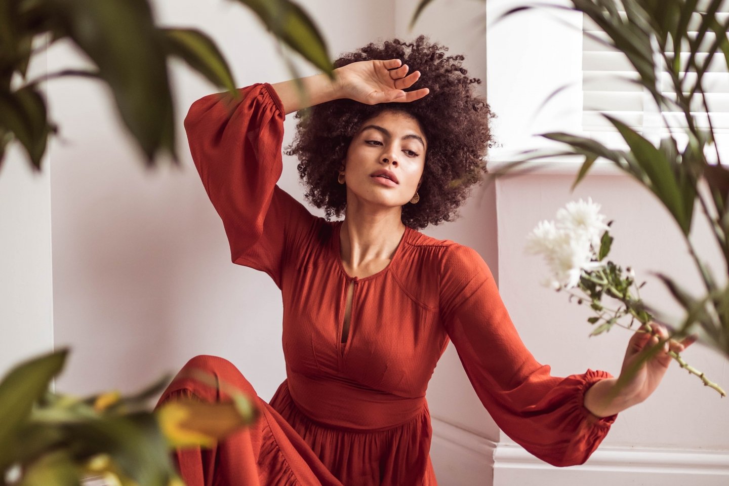 Samio wearing And Other Stories Ruffle Tier Maxi Dress in Rust