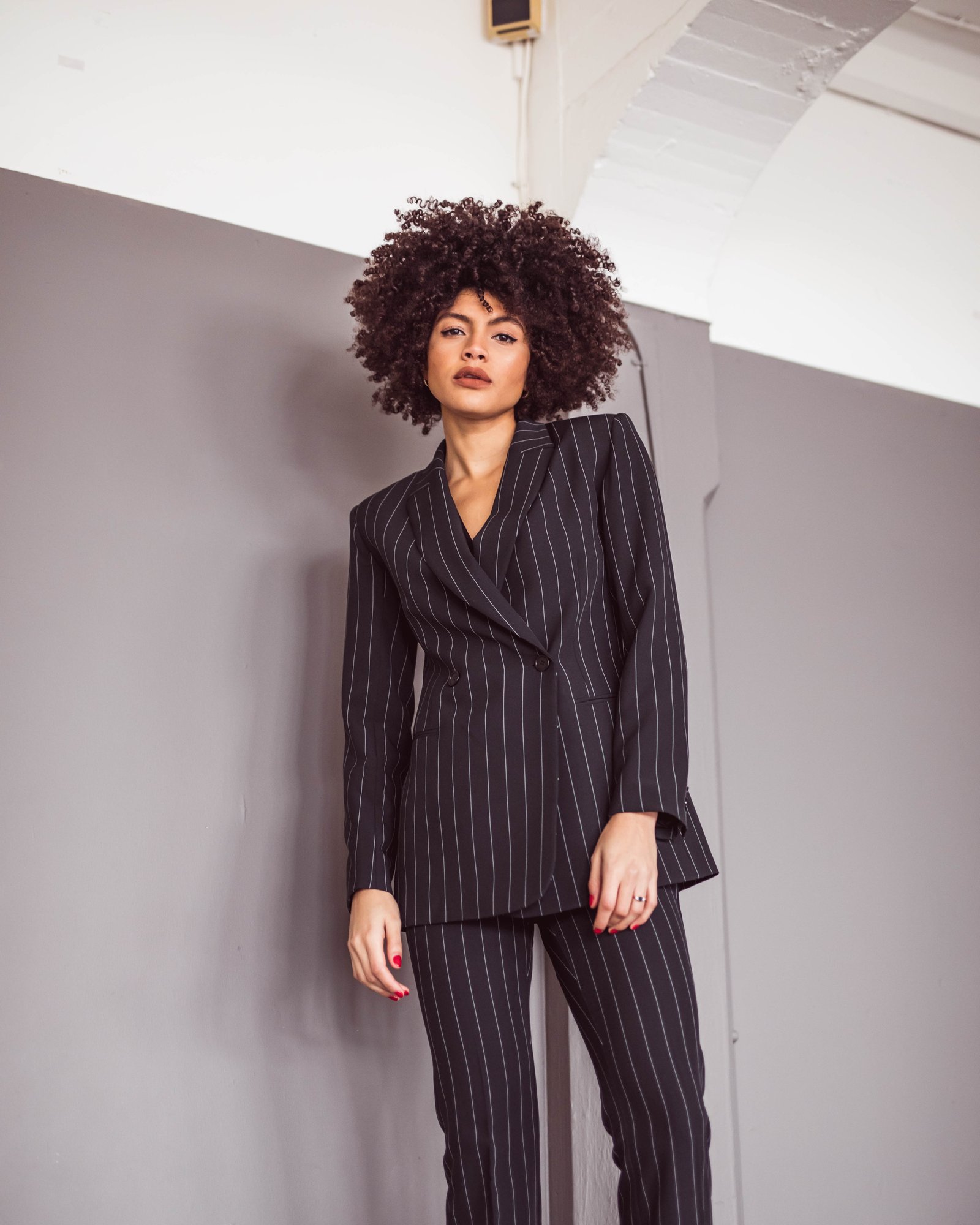 Samio fashion blogger custom pin stripe blazer suit