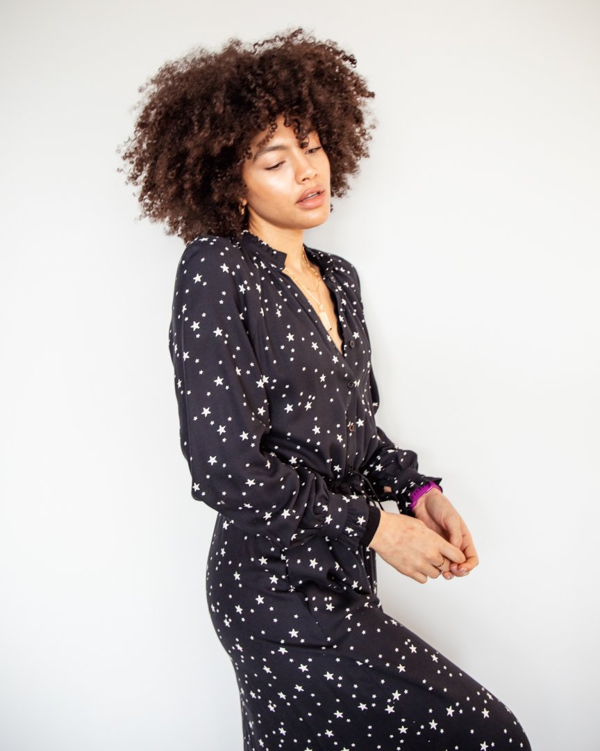 Black star print long sleeve maxi dress